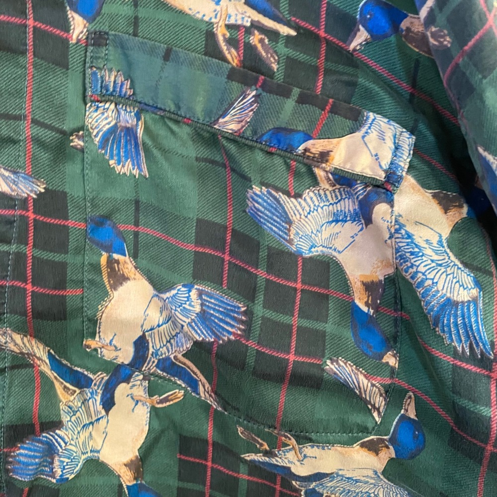 Joe Boxer Vintage 100% Silk Pajama Sleep shirt Green Plaid Mallard Duck Print - Picture 7 of 9